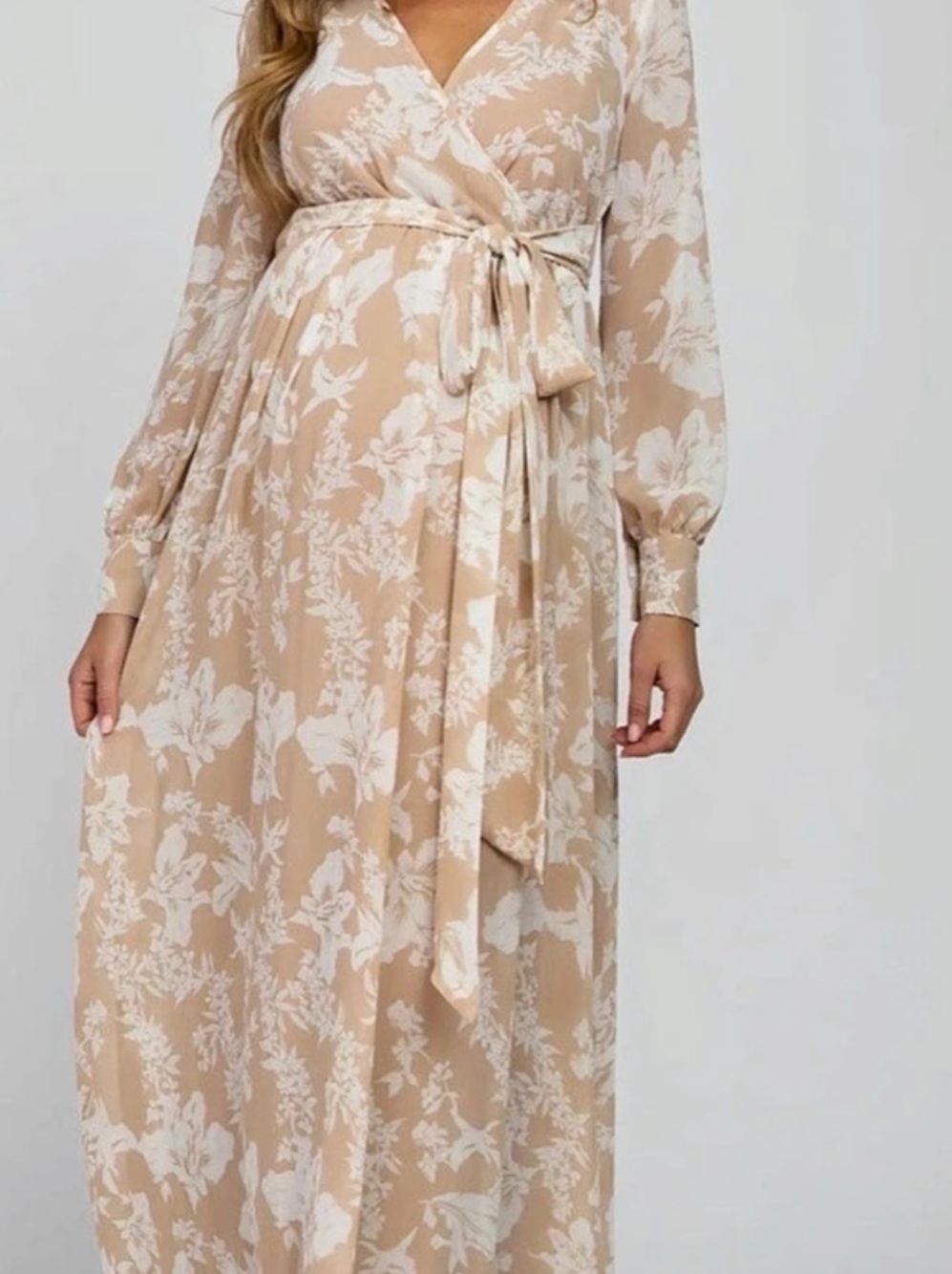 Floral Chiffron Maternity Maxi Dress in Tan & White Size Large